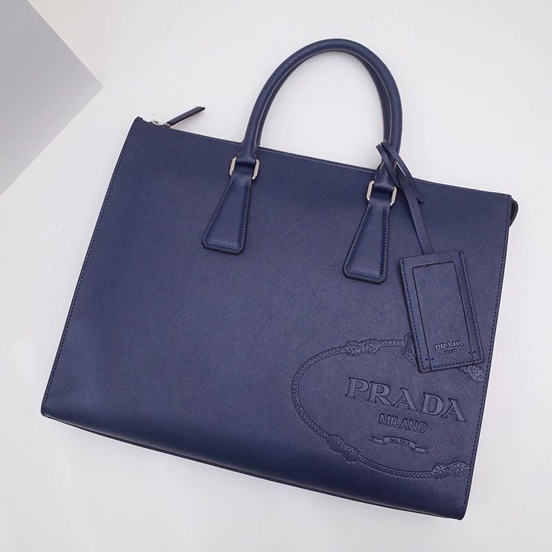 Prada 2VG039 Silk-screened Logo Saffiano Leather Briefcase In Navy Blue