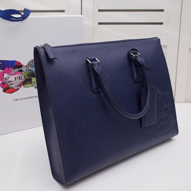 Prada 2VG039 Silk-screened Logo Saffiano Leather Briefcase In Navy Blue