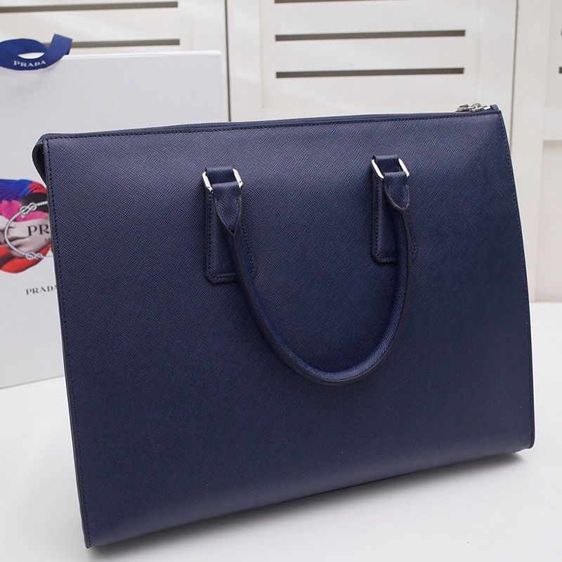 Prada 2VG039 Silk-screened Logo Saffiano Leather Briefcase In Navy Blue