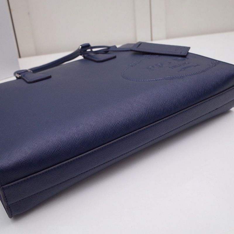 Prada 2VG039 Silk-screened Logo Saffiano Leather Briefcase In Navy Blue