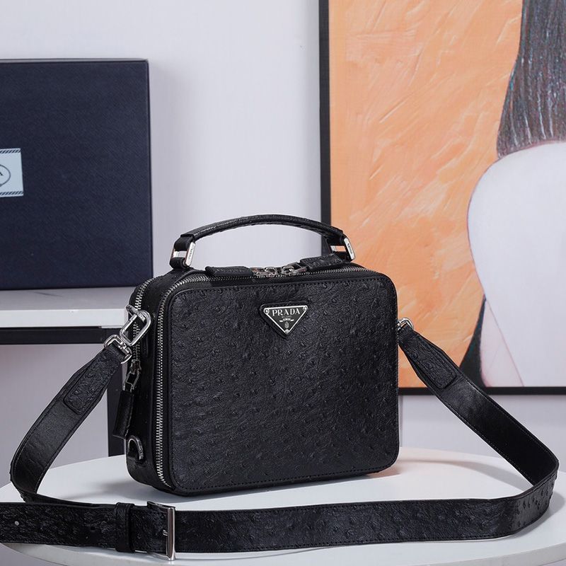 Prada 2VH069 Ostrich Leather Brique Bag In Black