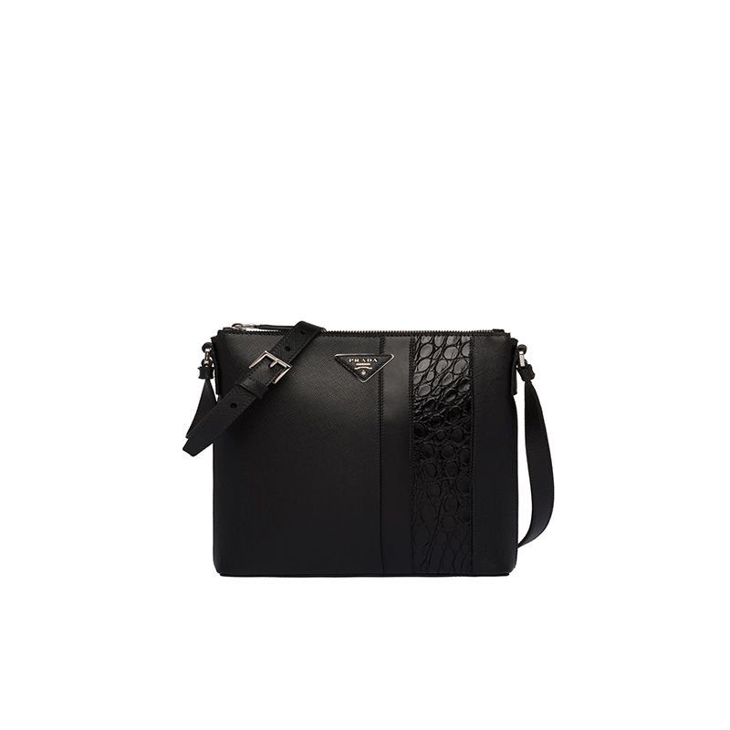 Prada 2VH089 Saffiano And Crocodile Leather Cross-Body Bag In Black