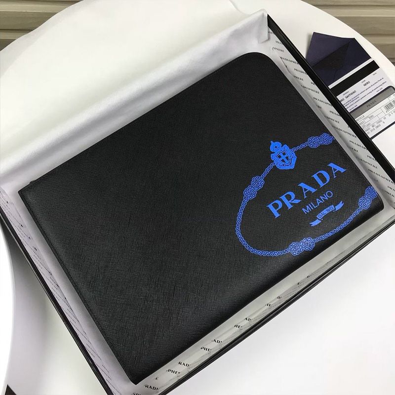 Prada 2VN003 Silk-screened Logo Saffiano Leather Clutch In Black/Blue