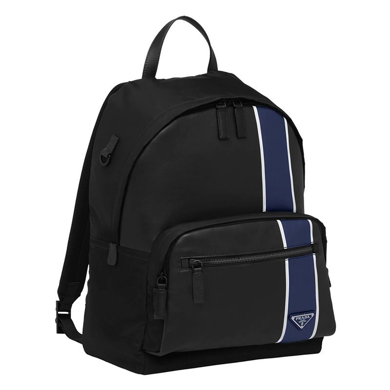 Prada 2VZ066 Stripe Nylon Backpack In Black/Blue