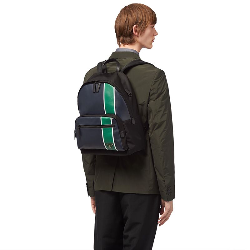 Prada 2VZ066 Stripe Nylon Backpack In Black/Green