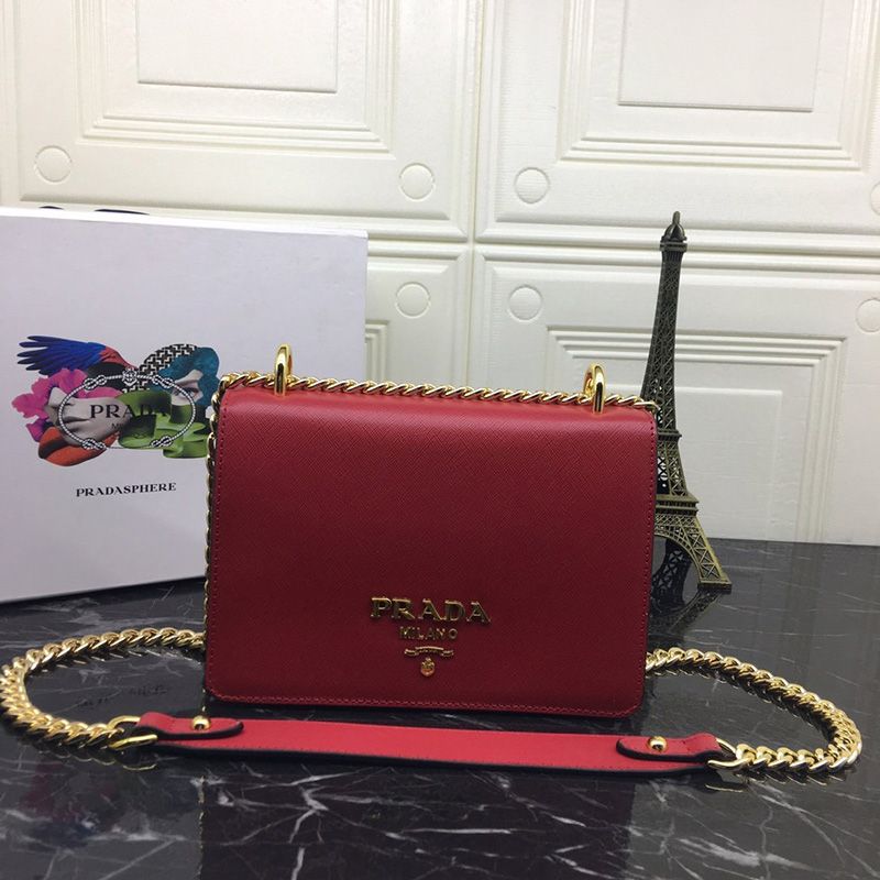 Prada 1BD133 Calf Leather Shoulder Bag In Red