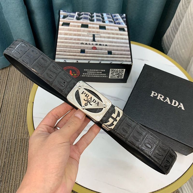 Prada Croc Embossed Leather Belt In Black/Silver