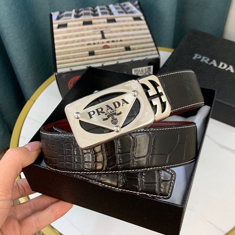 Prada Croc Embossed Leather Reversible Belt In Black/Silver