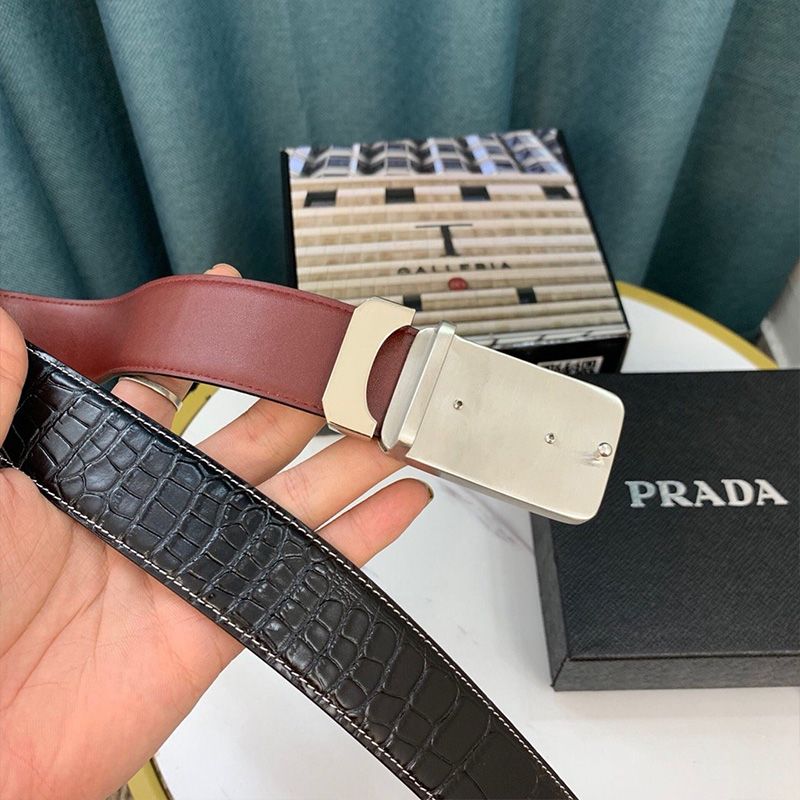 Prada Croc Embossed Leather Reversible Belt In Black/Silver