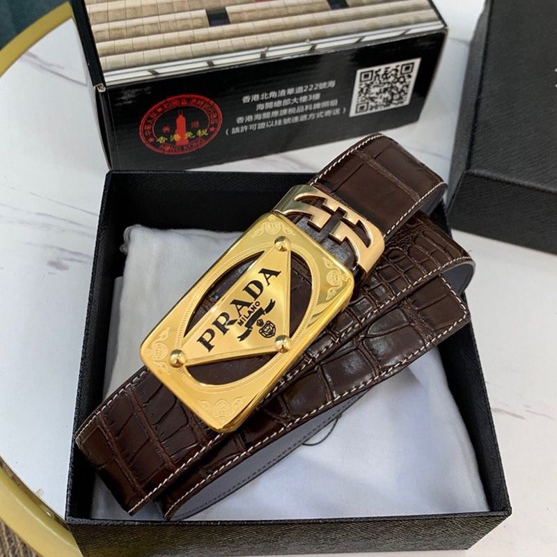 Prada Croc Embossed Leather Reversible Belt In Brown/Gold