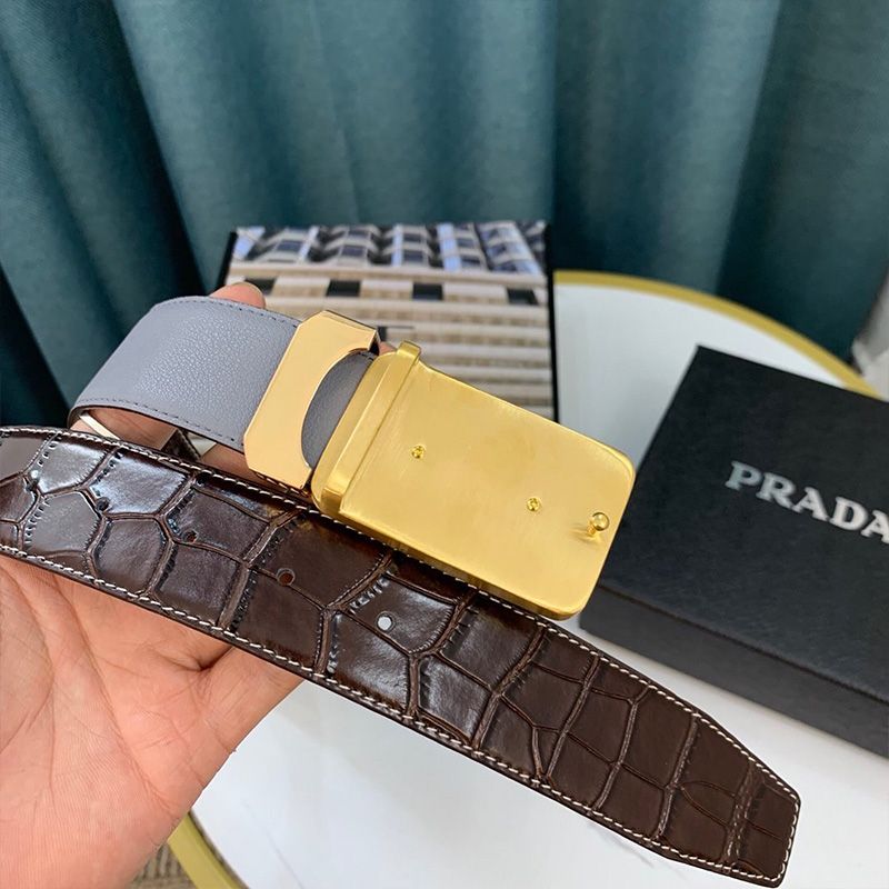 Prada Croc Embossed Leather Reversible Belt In Brown/Gold