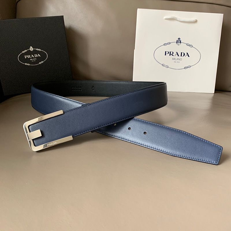 Prada Napa Leather Belt In Blue/Silver