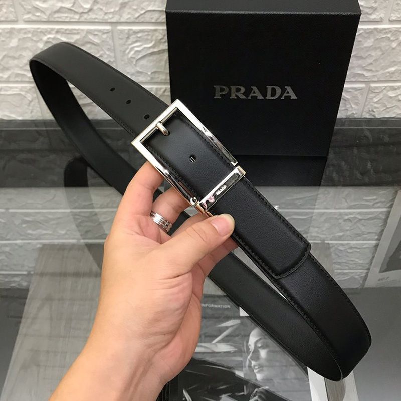 Prada Calf Leather Belt In Black/Silver