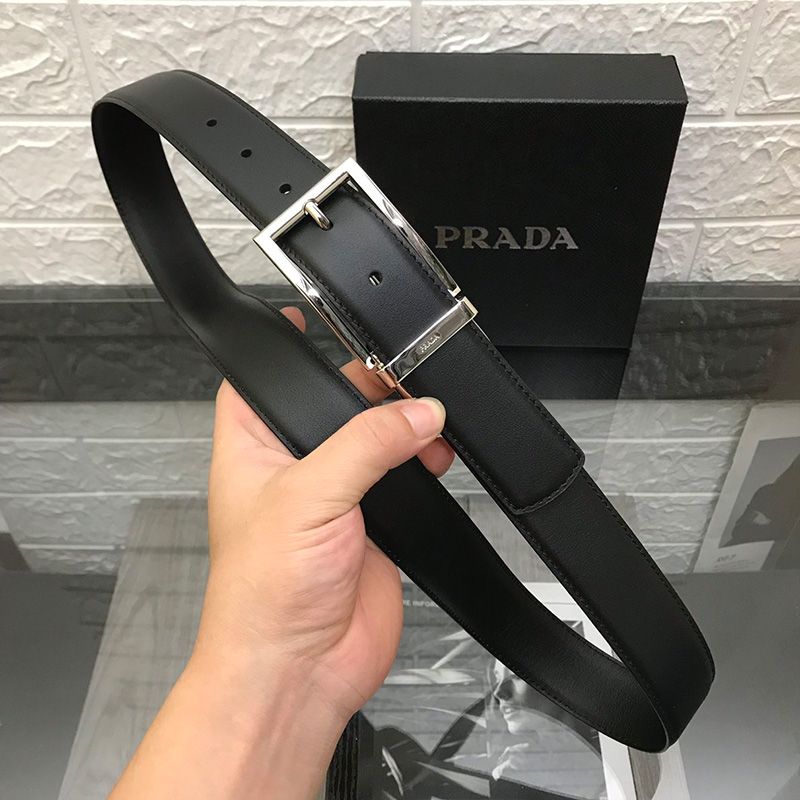 Prada Calf Leather Belt In Black/Silver