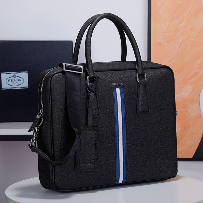 Prada VS363R Ribbon Saffiano Leather Briefcase In Black/Blue