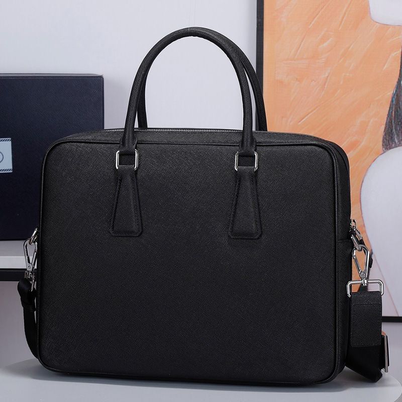 Prada VS363R Ribbon Saffiano Leather Briefcase In Black/Blue