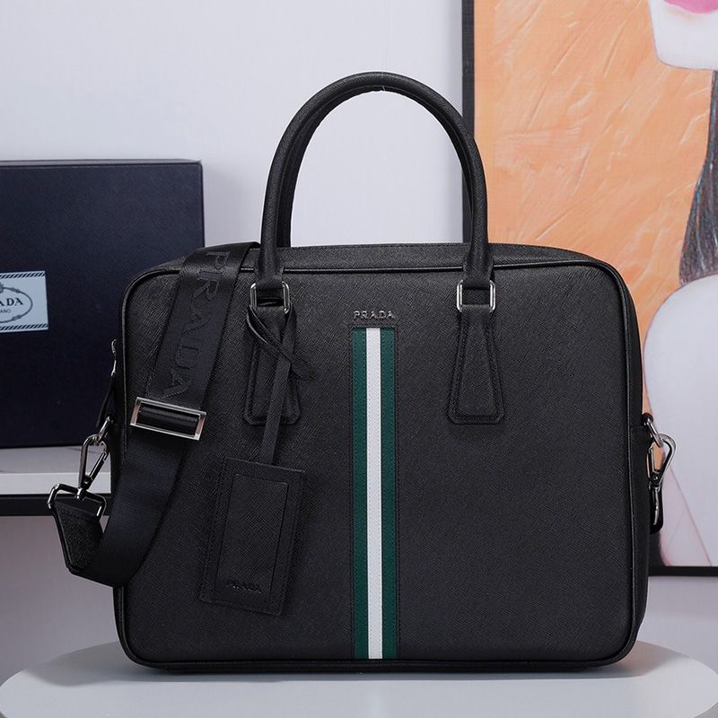 Prada VS363R Ribbon Saffiano Leather Briefcase In Black/Green