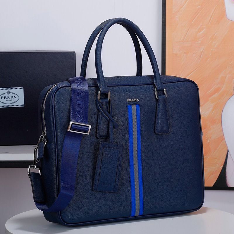 Prada VS363R Ribbon Saffiano Leather Briefcase In Dark Blue